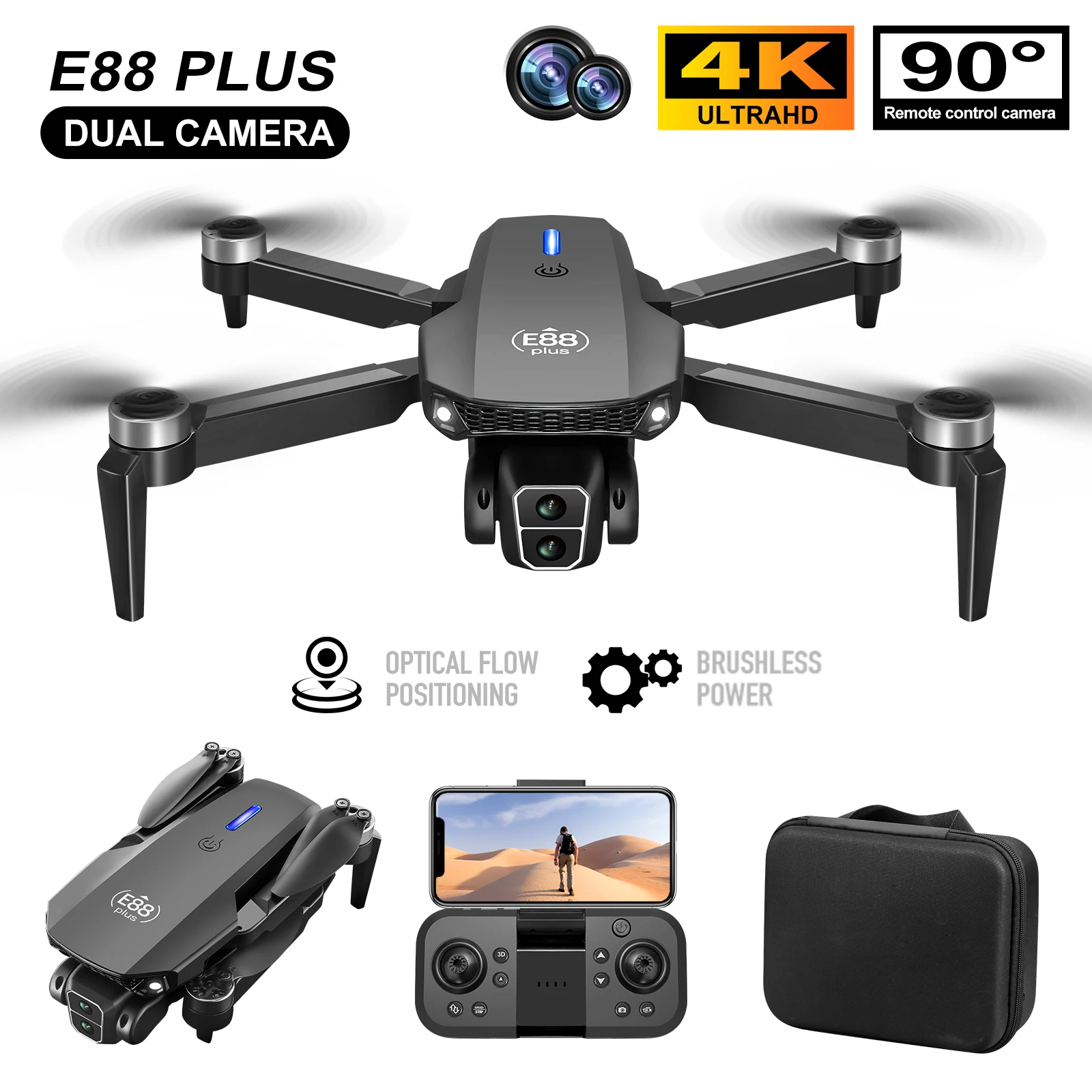 Rc Helicopter Electric - 新型E88 Plusクアッドコプタードローン：90 ° 電動調整カメラ、ブラシレスモーター、オプティカルフローポジショニングおもちゃ